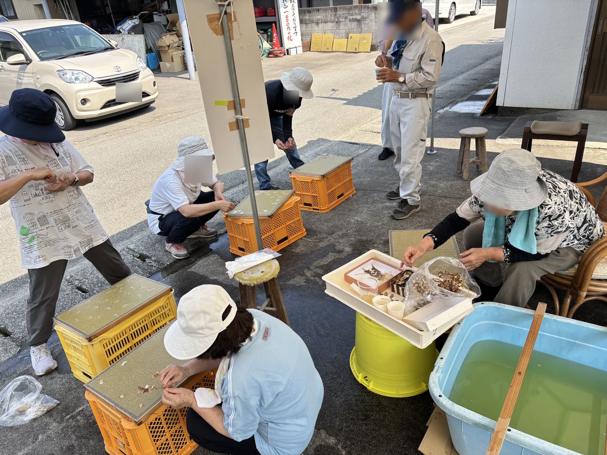 竹和紙の 材料 を手作業で整えるようす